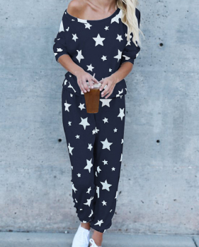  Euramerican Dew Shoulder Five-stars Printed Navy Blue Cotton Two-piece Pants Set