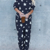  Euramerican Dew Shoulder Five-stars Printed Navy Blue Cotton Two-piece Pants Set