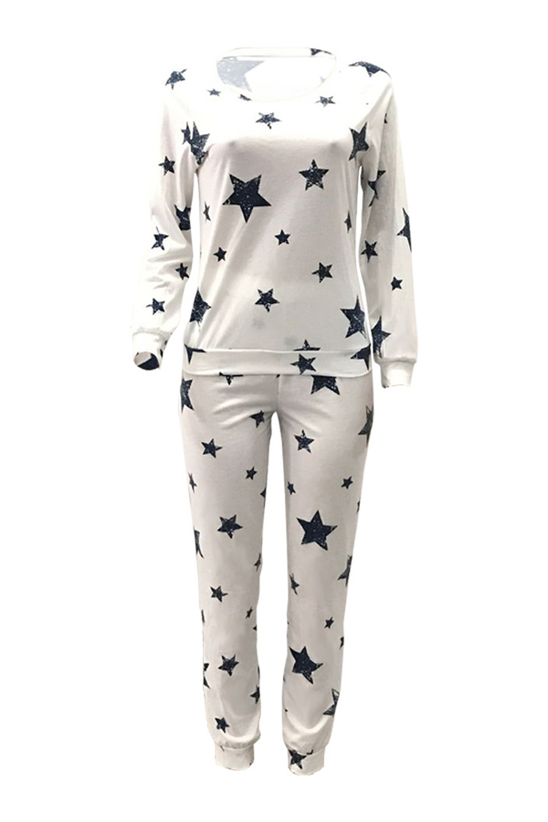  Euramerican Dew Shoulder Five-stars Printed White Cotton Two-piece Pants Set