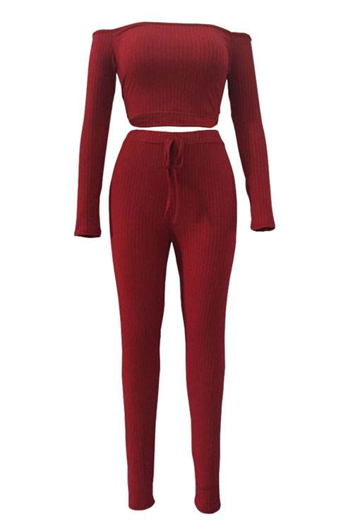  Euramerican Dew Shoulder Wine Red Cotton Two-piece Pants Set