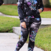  Euramerican Hooded Collar Flowers Printed Black Cotton Two-piece Pants Set