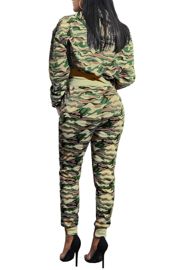  Euramerican Hooded Collar Printed Patchwork Army Green Qmilch Two-piece Pants Set