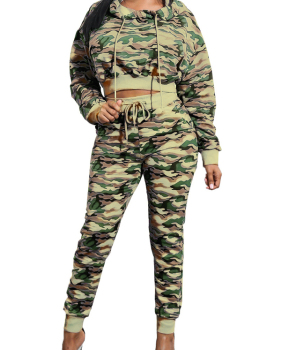  Euramerican Hooded Collar Printed Patchwork Army Green Qmilch Two-piece Pants Set