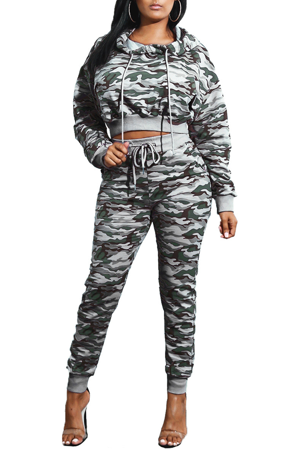  Euramerican Hooded Collar Printed Patchwork Grey Qmilch Two-piece Pants Set