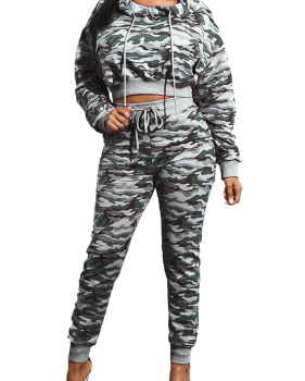  Euramerican Hooded Collar Printed Patchwork Grey Qmilch Two-piece Pants Set