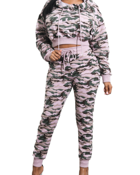  Euramerican Hooded Collar Printed Patchwork Pink Qmilch Two-piece Pants Set