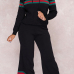  Euramerican Hooded Collar Striped Black Polyester Two-piece Pants Set