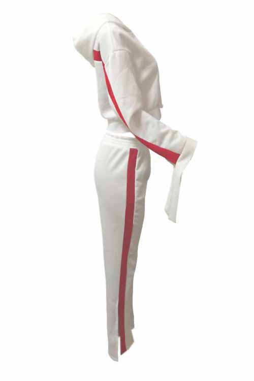  Euramerican Hooded Collar Striped White Polyester Two-piece Pants Set