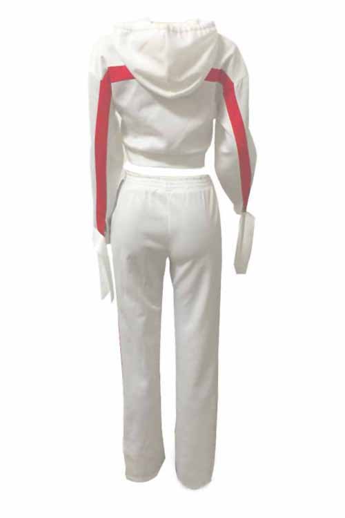  Euramerican Hooded Collar Striped White Polyester Two-piece Pants Set