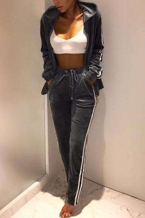  Euramerican Long Sleeves Patchwork Grey Velvet Two-piece Pants Set