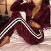  Euramerican Long Sleeves Patchwork Wine Red Velvet Two-piece Pants Set