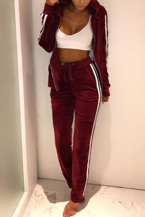  Euramerican Long Sleeves Patchwork Wine Red Velvet Two-piece Pants Set