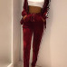  Euramerican Long Sleeves Patchwork Wine Red Velvet Two-piece Pants Set