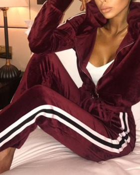  Euramerican Long Sleeves Patchwork Wine Red Velvet Two-piece Pants Set