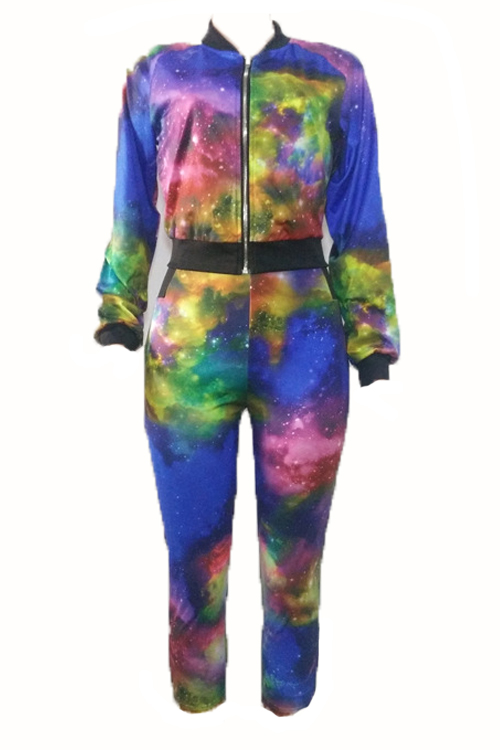  Euramerican Printed Zipper Design Polyester Two-piece Pants Set