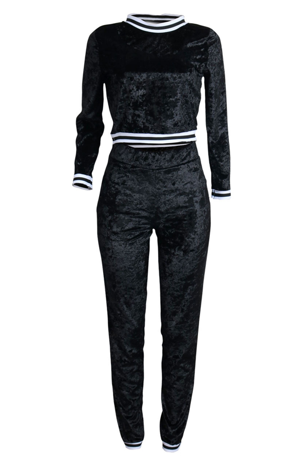  Euramerican Round Neck Black Velvet Two-piece Pants Set