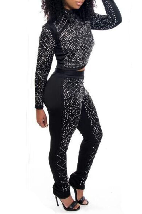  Euramerican Round Neck Long Sleeves Black Polyester Two-piece Pants Set