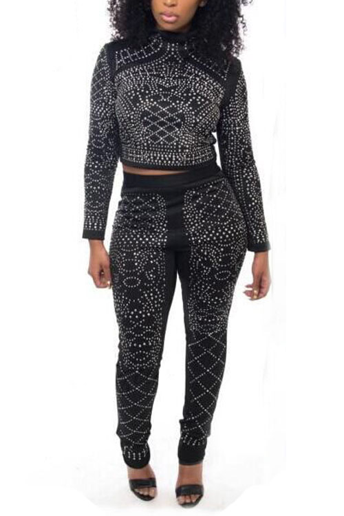  Euramerican Round Neck Long Sleeves Black Polyester Two-piece Pants Set