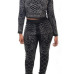  Euramerican Round Neck Long Sleeves Black Polyester Two-piece Pants Set