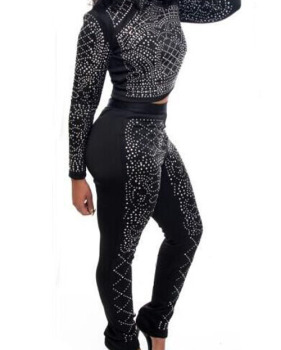  Euramerican Round Neck Long Sleeves Black Polyester Two-piece Pants Set