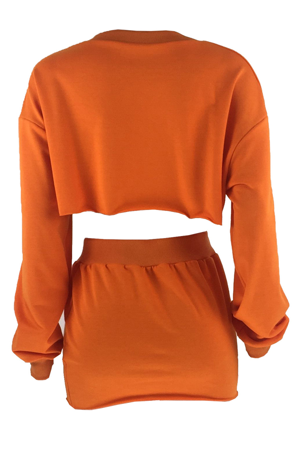  Euramerican Round Neck Long Sleeves Orange Cotton Two-piece Skirt Set