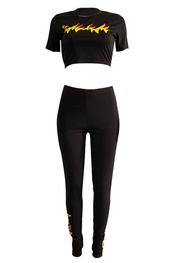  Euramerican Round Neck Printed Black Polyester Two-piece Pants Set