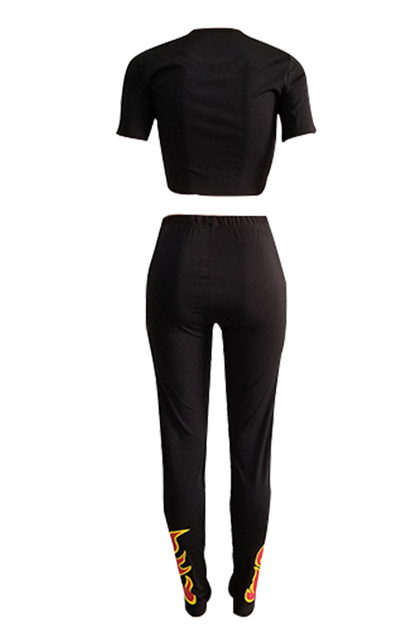  Euramerican Round Neck Printed Black Polyester Two-piece Pants Set