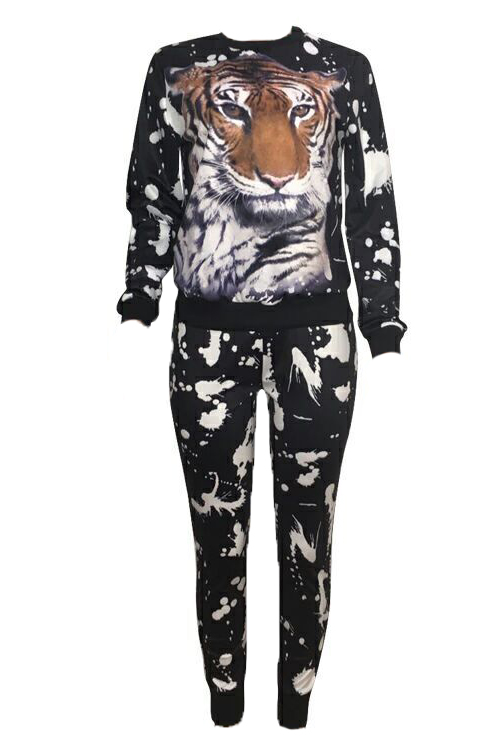  Euramerican Round Neck Printed Black Velvet Two-piece Pants Set