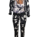  Euramerican Round Neck Printed Black Velvet Two-piece Pants Set