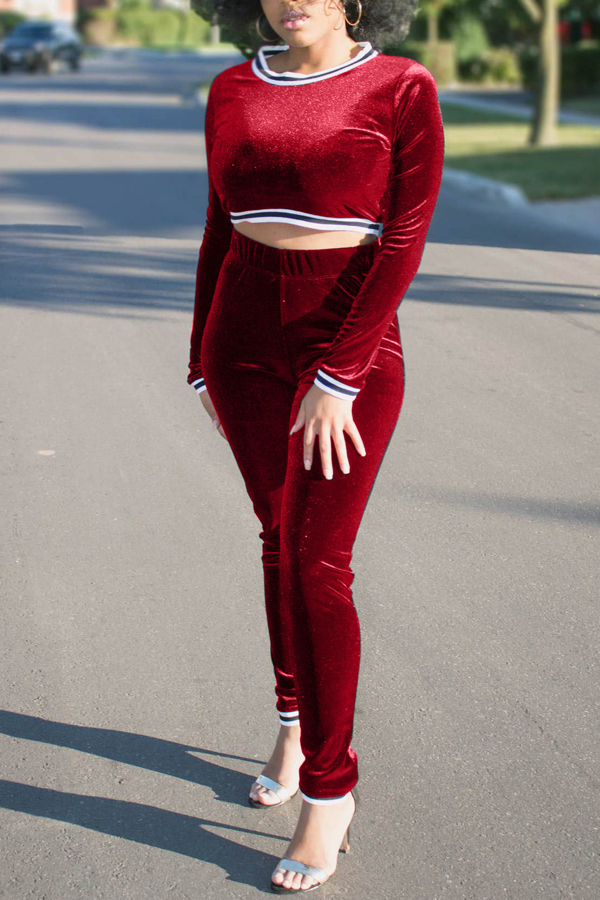  Euramerican Round Neck Red Velvet Two-piece Pants Set