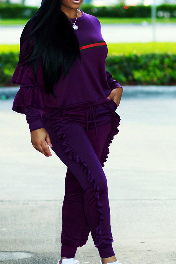  Euramerican Round Neck Ruffle Design Purple Blending Two-Piece Pants Set