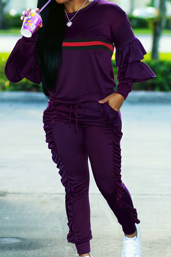  Euramerican Round Neck Ruffle Design Purple Blending Two-Piece Pants Set