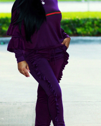  Euramerican Round Neck Ruffle Design Purple Blending Two-Piece Pants Set