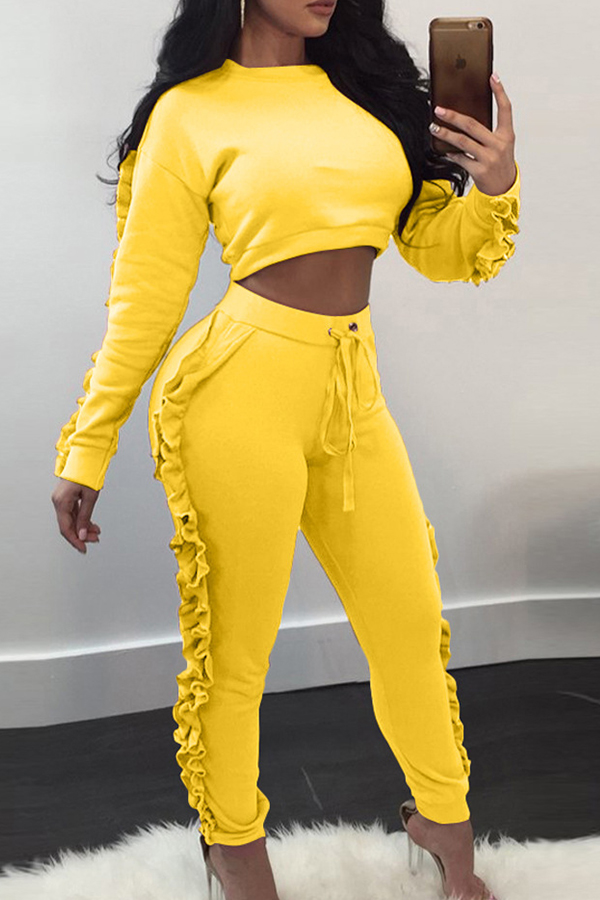  Euramerican Round Neck Ruffle Design Yellow Polyester Two-piece Pants Set