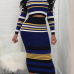  Euramerican Round Neck Striped Patchwork Blue Cotton Two-piece Skirt Set