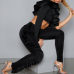  Euramerican Show A Shoulder Asymmetrical Ruffle Design Black Blending Two-piece Pants Set