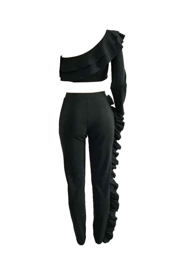  Euramerican Show A Shoulder Asymmetrical Ruffle Design Black Blending Two-piece Pants Set