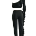  Euramerican Show A Shoulder Asymmetrical Ruffle Design Black Blending Two-piece Pants Set