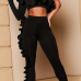  Euramerican Show A Shoulder Asymmetrical Ruffle Design Black Blending Two-piece Pants Set