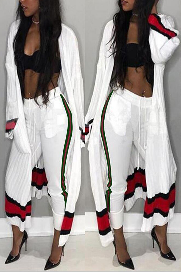  Euramerican Striped Patchwork White Polyester Two-piece Pants Set( Without Bra)