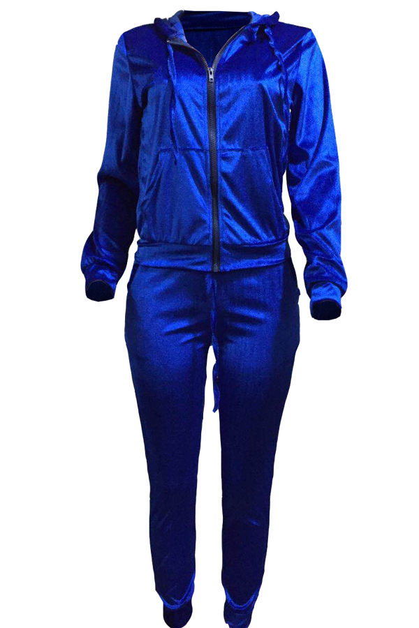  Euramerican Turndown Collar Zipper Design Deep Blue Velvet Two-piece Pants Set