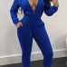  Euramerican Turndown Collar Zipper Design Deep Blue Velvet Two-piece Pants Set