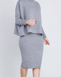  Euramerican Turtleneck Long Sleeves Grey Two-piece Skirt Set