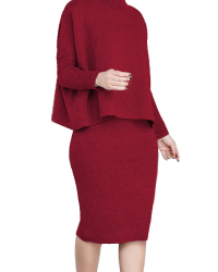  Euramerican Turtleneck Long Sleeves Wine Red Two-piece Skirt Set