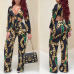  Euramerican V Neck Chain Printing Black Polyester Two-piece Pants Set