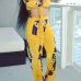  Euramerican V Neck Chain Printing Yellow Polyester Two-piece Pants Set