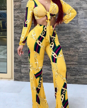  Euramerican V Neck Chain Printing Yellow Polyester Two-piece Pants Set