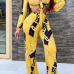  Euramerican V Neck Chain Printing Yellow Polyester Two-piece Pants Set