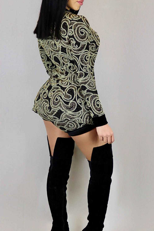  Fashion V Neck Long Sleeves Printed Green Polyester Two-piece Shorts Set