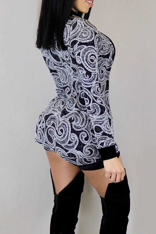  Fashion V Neck Long Sleeves Printed Light Purple Polyester Two-piece Shorts Set